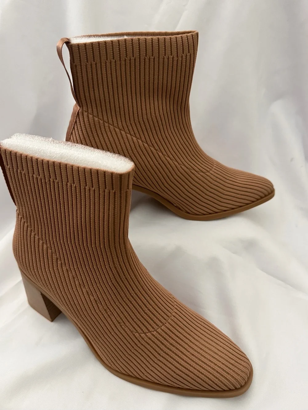 Ribbed Tan Sock Ankle Boot with Block Heel 2 7.5 inch heel